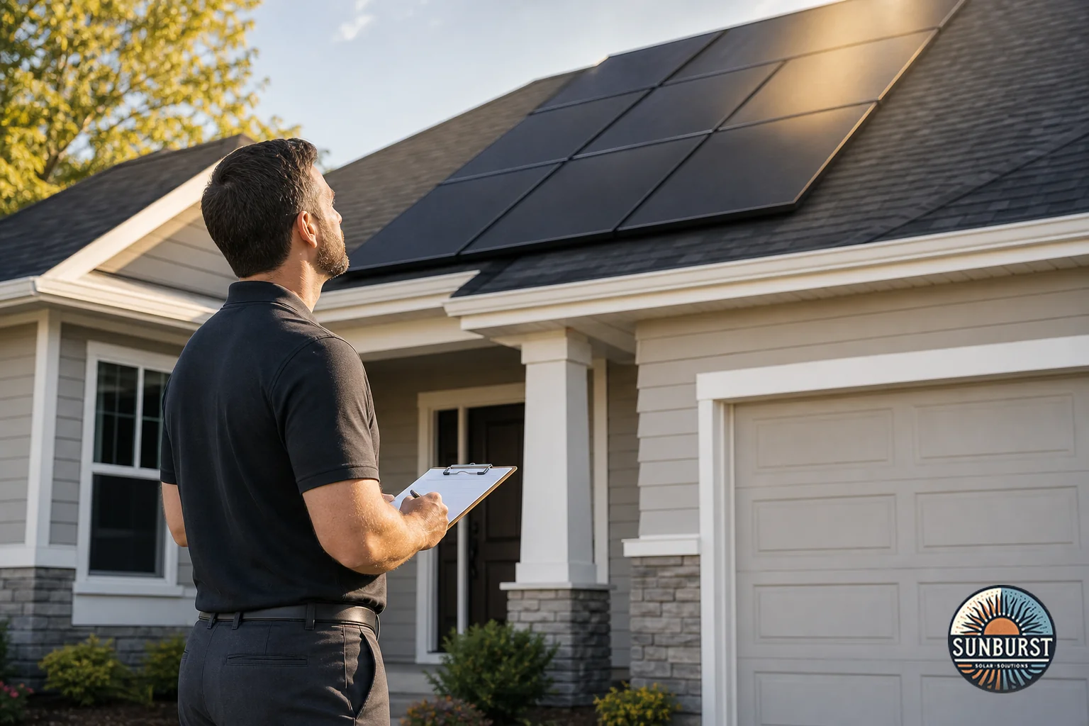 Real estate appraiser inspecting a home with rooftop solar panels. Photorealistic image of a professional appraiser or real estate agent standing outside a suburban home, clipboard in hand, looking up at black solar panels on the roof