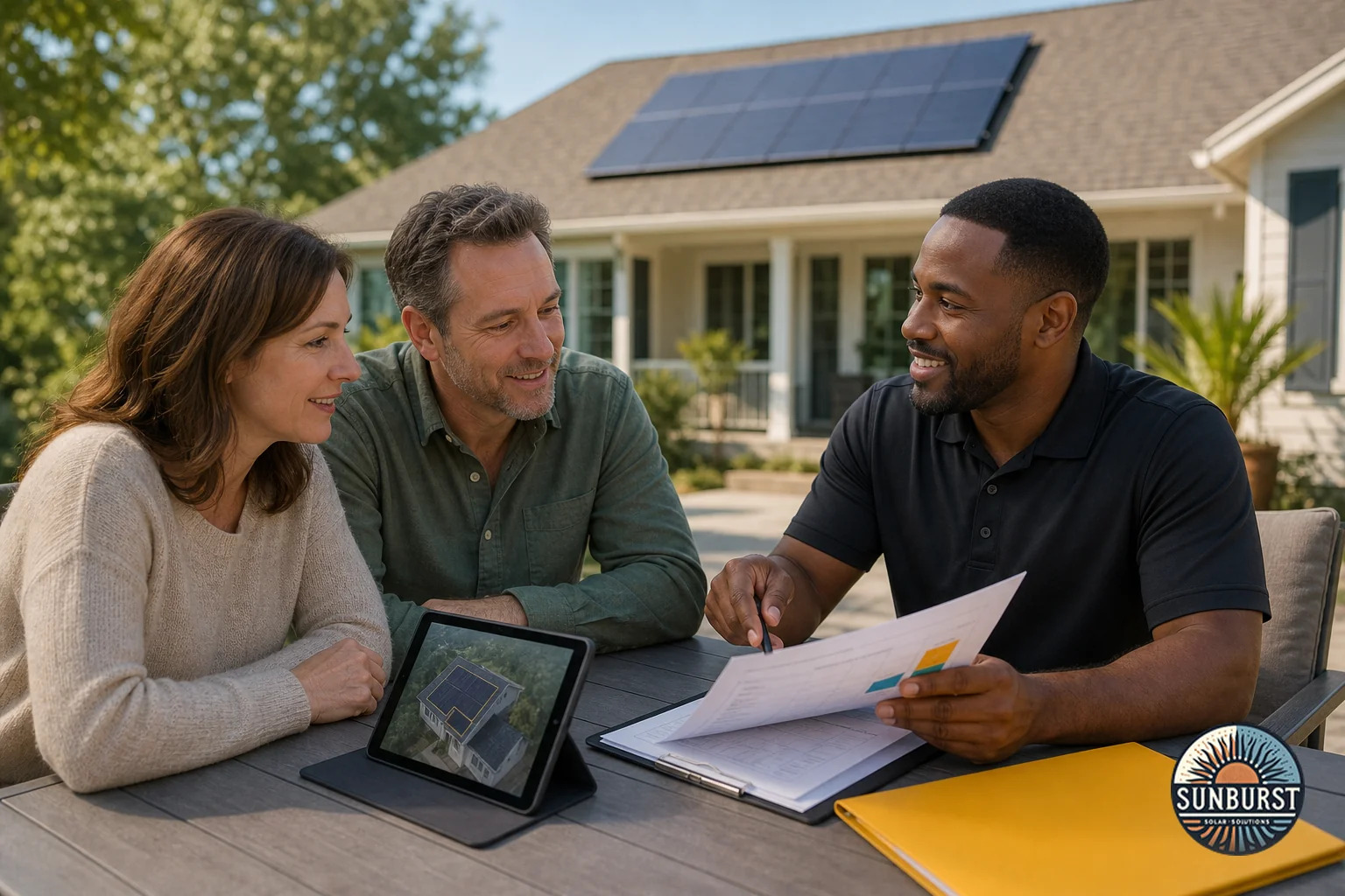 A homeowner and a solar consultant reviewing a contract and system design together on a porch, calm and trustworthy consultation moment. Photorealistic photo of a friendly solar energy consultant in a branded golf shirt sitting at an