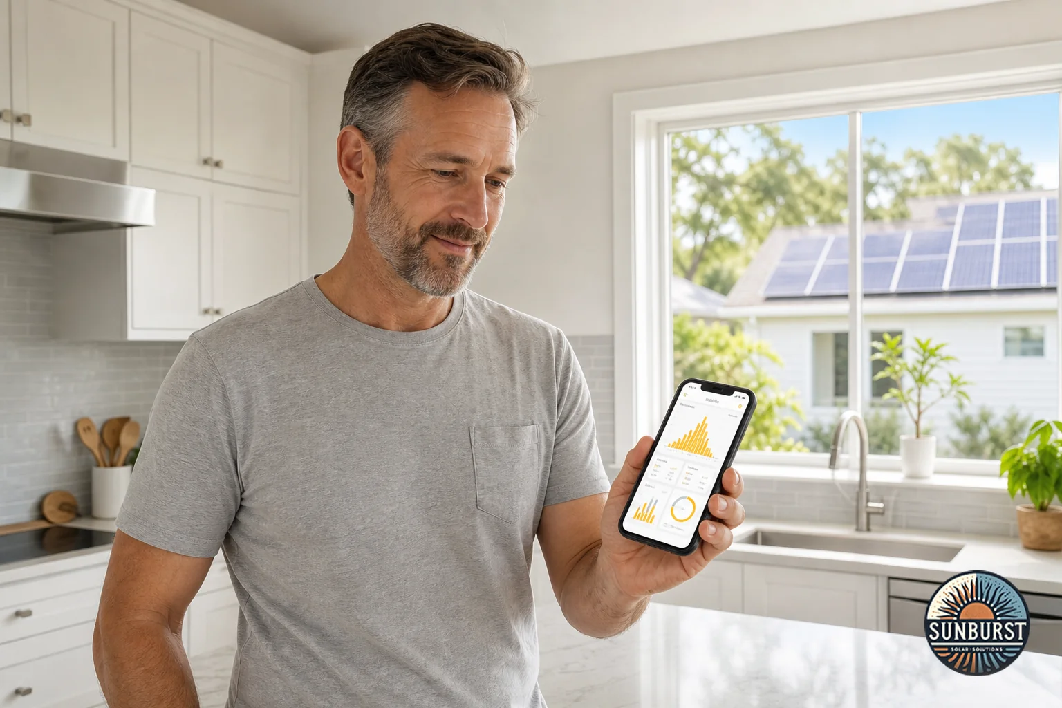 Homeowner checking a solar monitoring app on a smartphone inside their home with solar panels visible through the window. Photorealistic photo of a homeowner standing in a bright modern kitchen looking at a smartphone displaying a solar