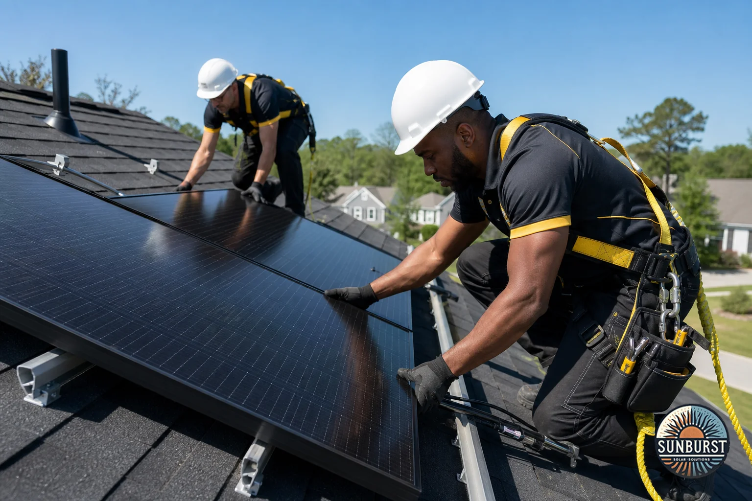 A certified in-house solar installation crew working safely on a residential rooftop. Photorealistic photo of two certified solar installation technicians in safety harnesses and hard hats mounting black-on-black solar panels on a