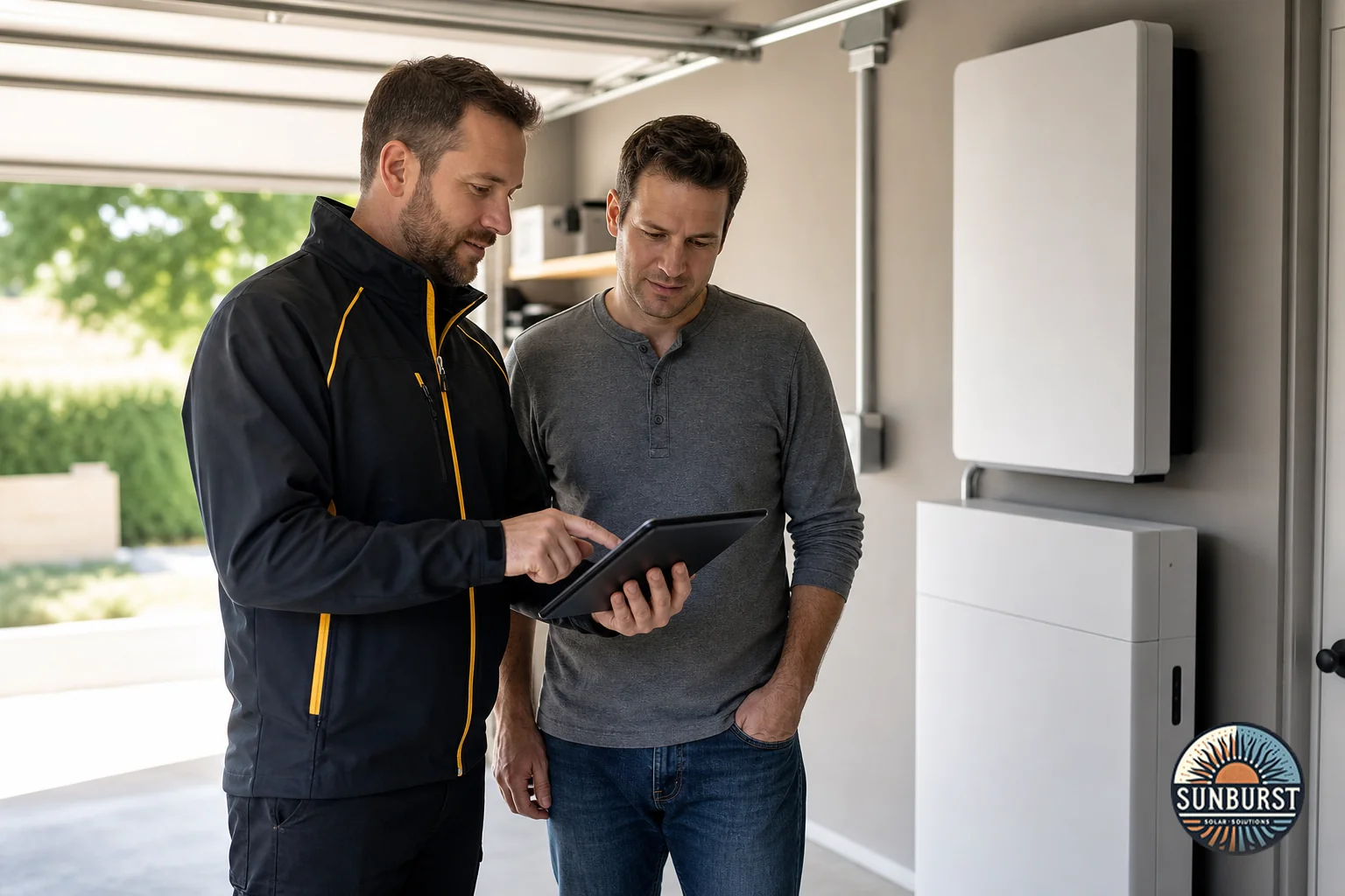A homeowner and solar technician reviewing a home battery storage system installed in a garage, discussing load calculations. Photorealistic photo of a solar technician in a dark uniform and a homeowner standing in front of a wall-mounted