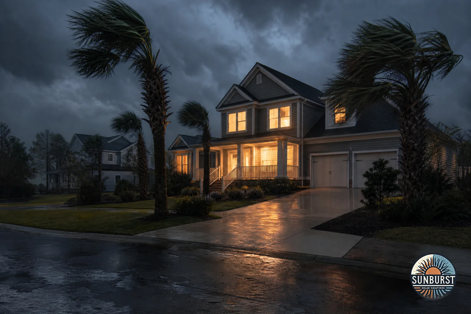 A South Carolina home during a storm with lights on inside powered by battery backup, illustrating outage resilience. Photorealistic photo of a suburban South Carolina home at dusk during a rainstorm, warm interior lights glowing through