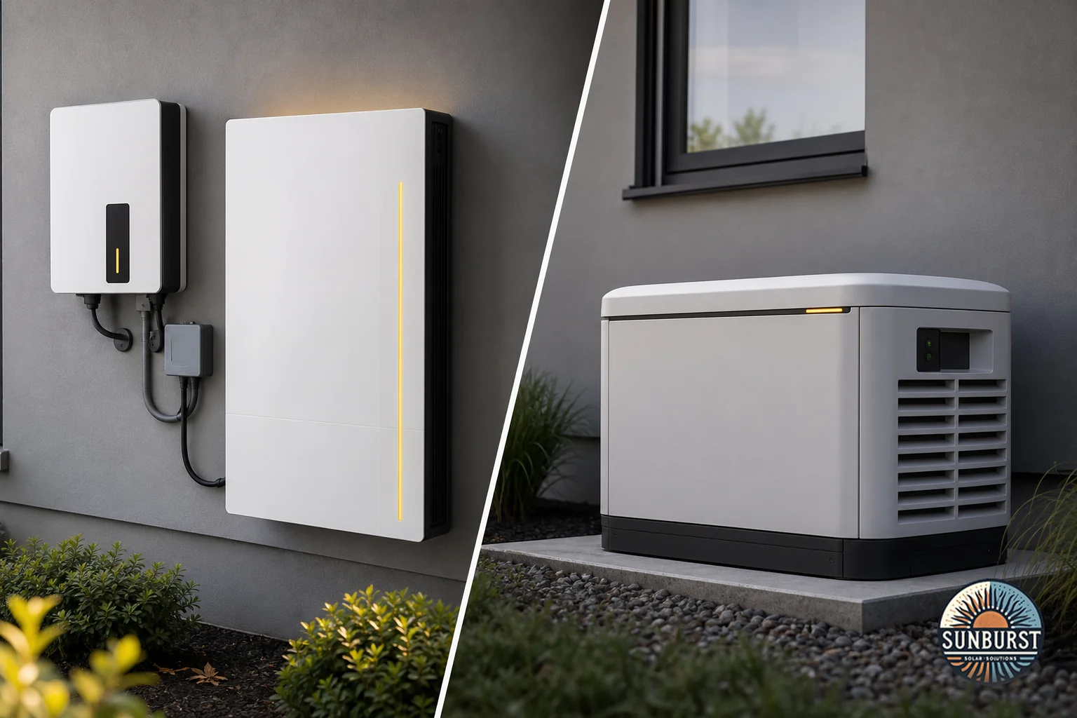 Side-by-side comparison scene of a home battery wall unit and a standby generator outside a house. Photorealistic photo split composition showing a sleek wall-mounted home battery storage system on one side and an outdoor standby generator
