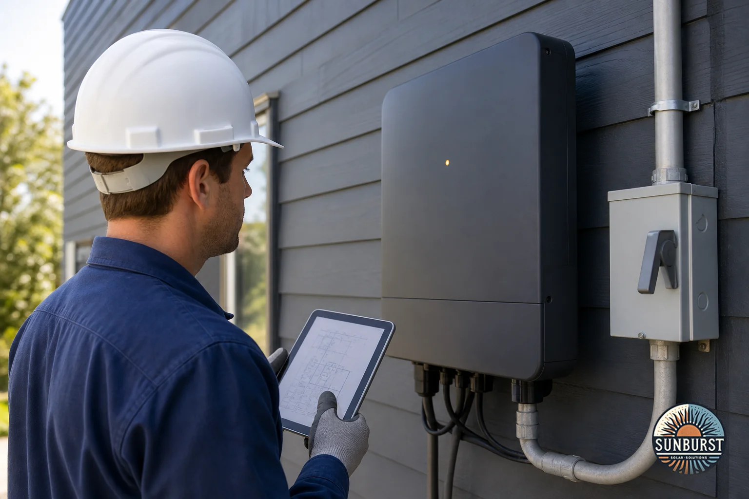 Close-up of an electrician inspecting solar equipment and electrical panel. Photorealistic close-up photo of a certified electrician in work uniform inspecting an outdoor solar inverter and electrical disconnect switch mounted on a home's
