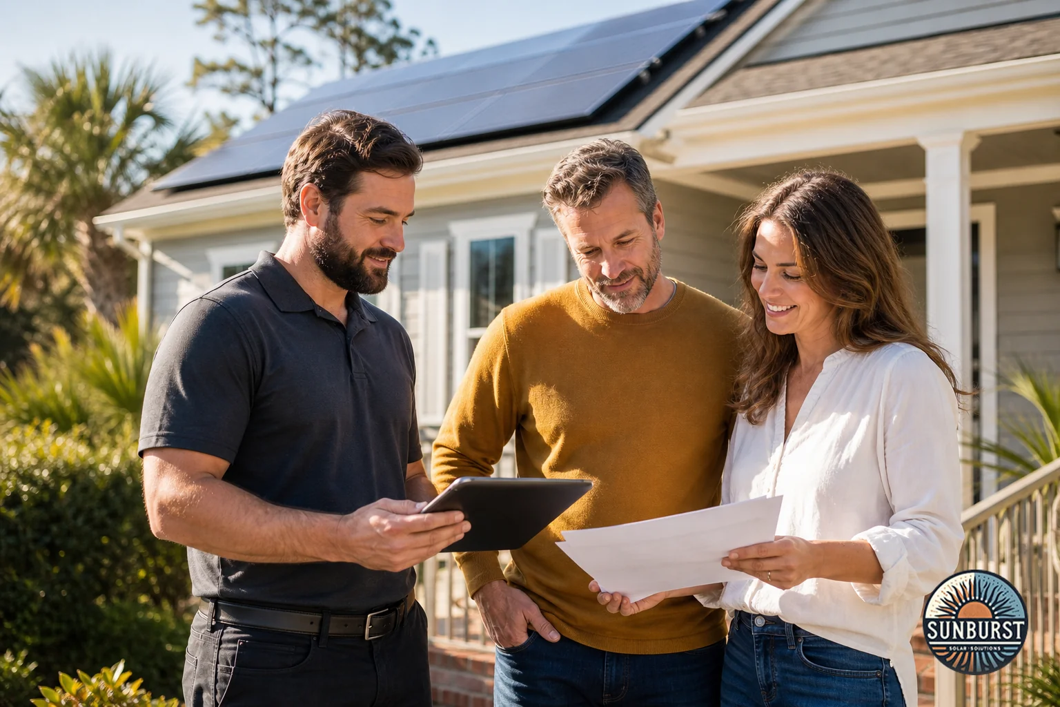 Installer and homeowner reviewing paperwork together on site. Photorealistic photo of a friendly solar installation professional in branded workwear reviewing paperwork and a tablet with a homeowner couple on their front porch in South