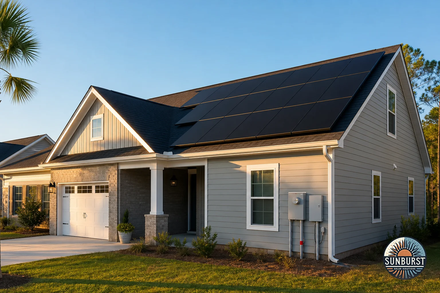 Residential solar installation in a South Carolina neighborhood with utility meter visible, representing grid interconnection. Photorealistic photo of a modern South Carolina suburban home with black-on-black rooftop solar panels installed