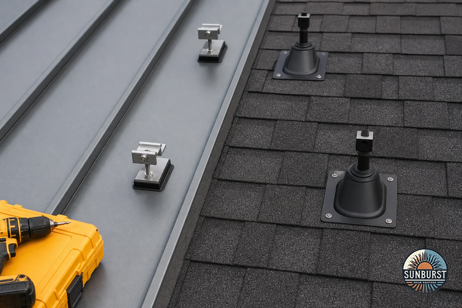 Close-up comparison of standing seam metal roof versus architectural shingle roof with solar mounting hardware. Photorealistic close-up photograph split-composition showing two roofing materials side by side: on one side a gray standing