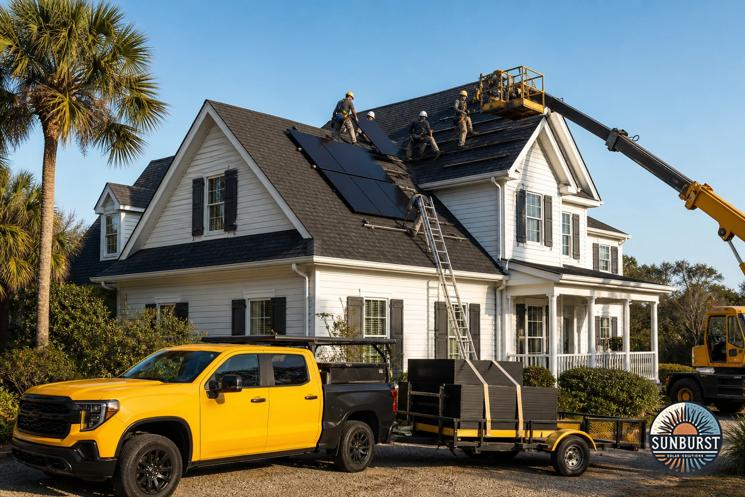 Charleston home with new architectural shingle roof and solar panels being installed, coastal setting. Photorealistic photo of a coastal Charleston, South Carolina style home with a freshly replaced dark architectural shingle roof, solar