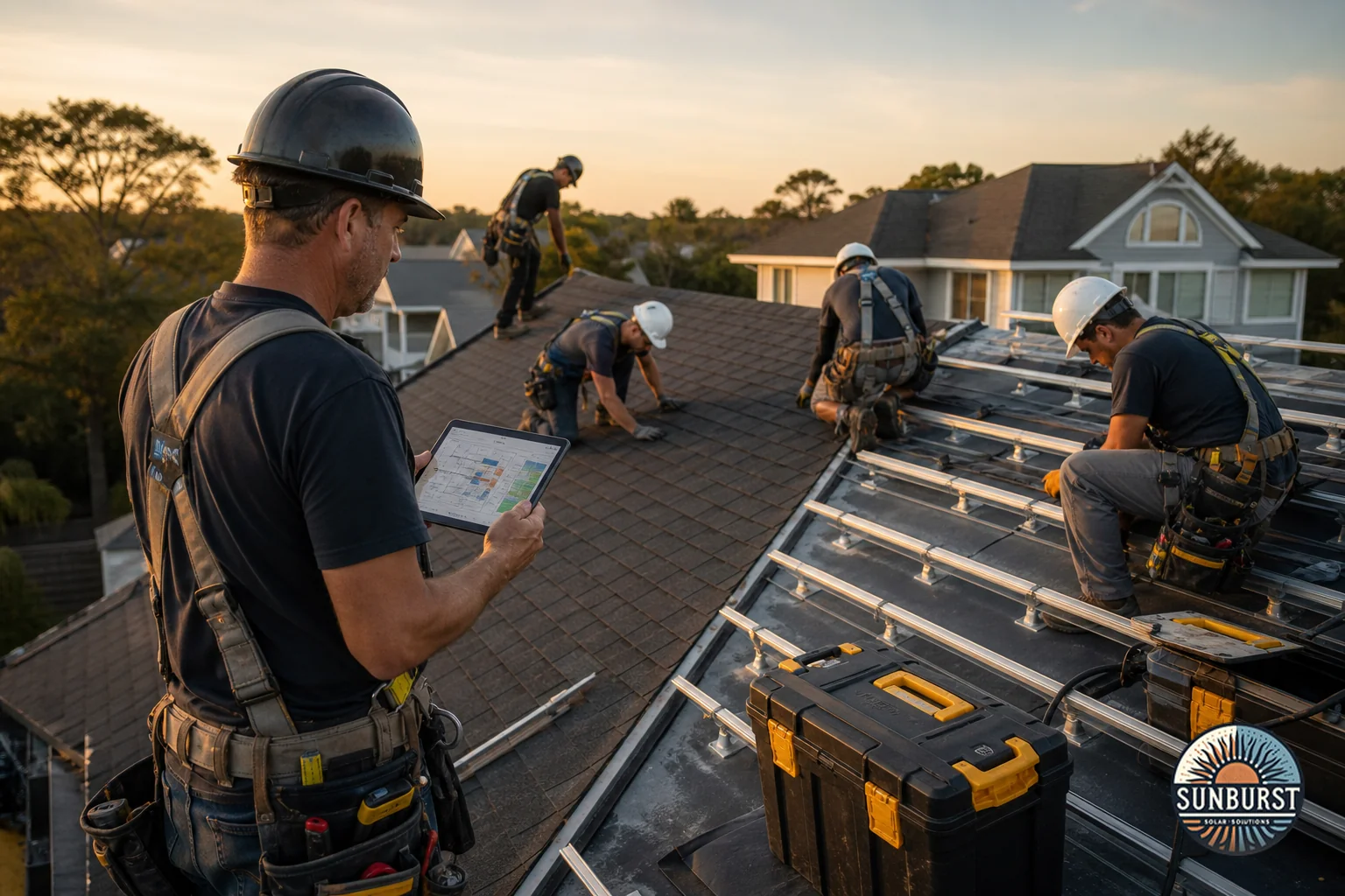 Roofing crew and solar installation crew working together on the same Charleston home under one project plan. Photorealistic photograph of a coordinated construction scene on a residential Charleston rooftop: roofers finishing shingle