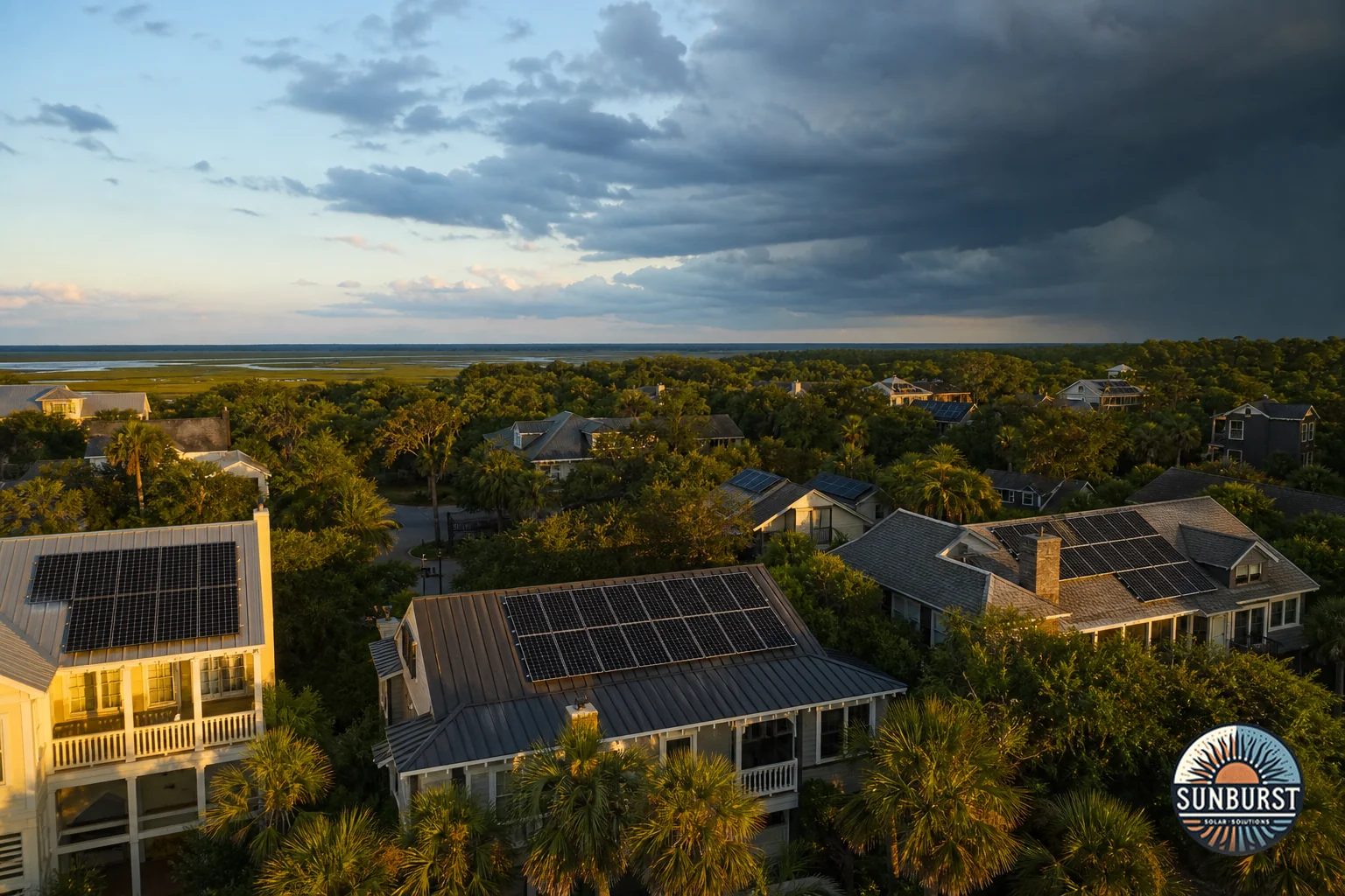 Aerial or street view of a coastal South Carolina neighborhood with solar rooftops, palm trees, hinting at hurricane season resilience. Photorealistic aerial drone photo of a coastal South Carolina residential neighborhood near Charleston
