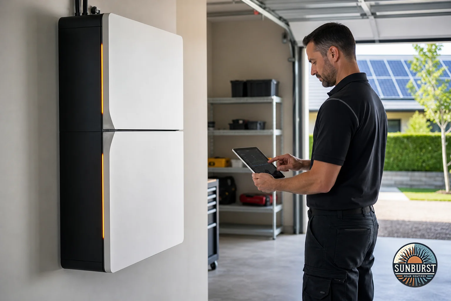 Close-up of a home battery storage unit installed in a garage, technician checking system. Photorealistic photo of a modern home energy battery storage unit mounted on a garage wall, sleek black and white casing with subtle amber (#FDB813)