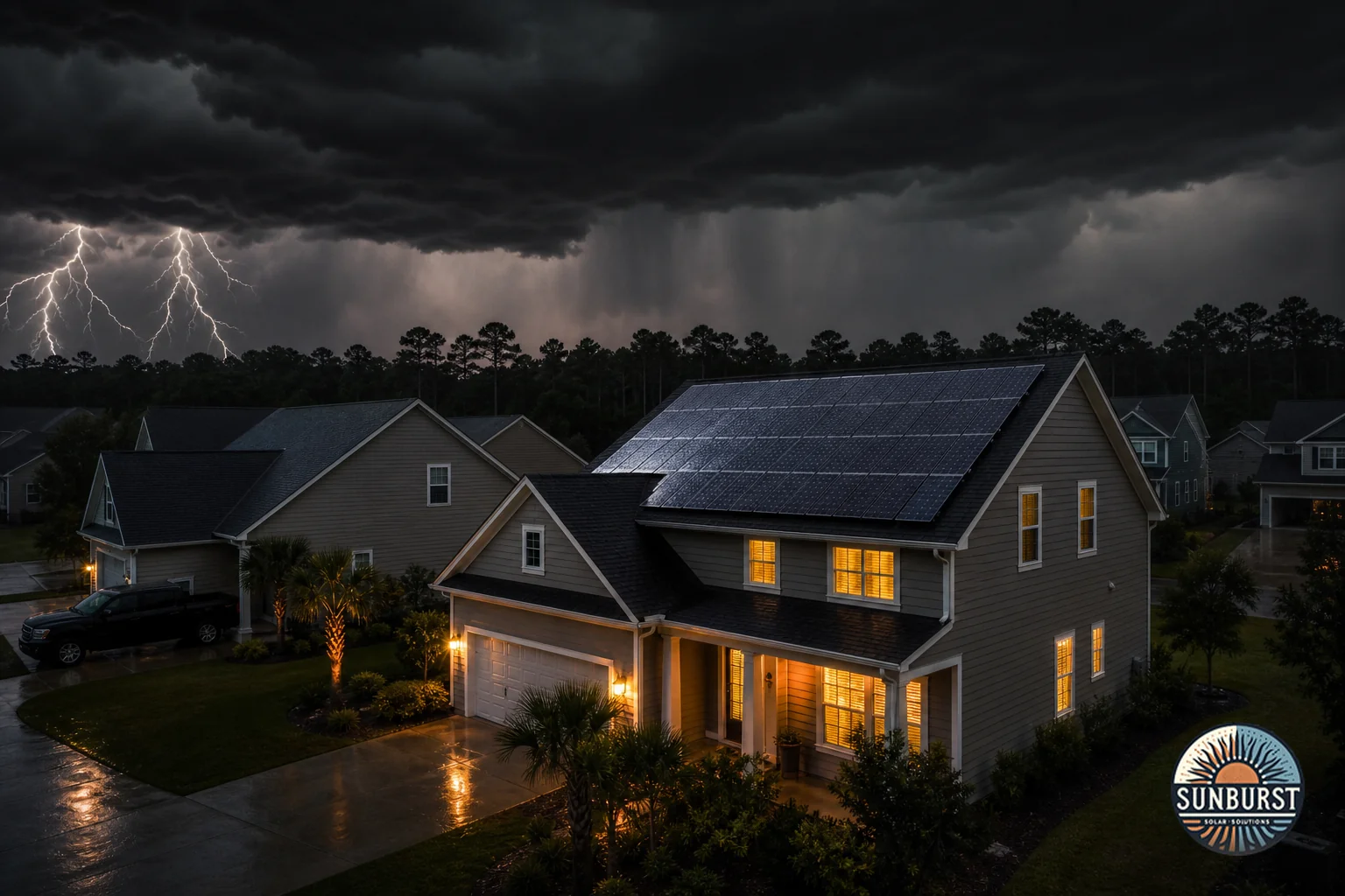 A South Carolina home with rooftop solar panels during a storm, dark neighborhood in background, illustrating grid outage contrast. Photorealistic photo of a suburban South Carolina home at dusk during a storm, rooftop solar panels visible