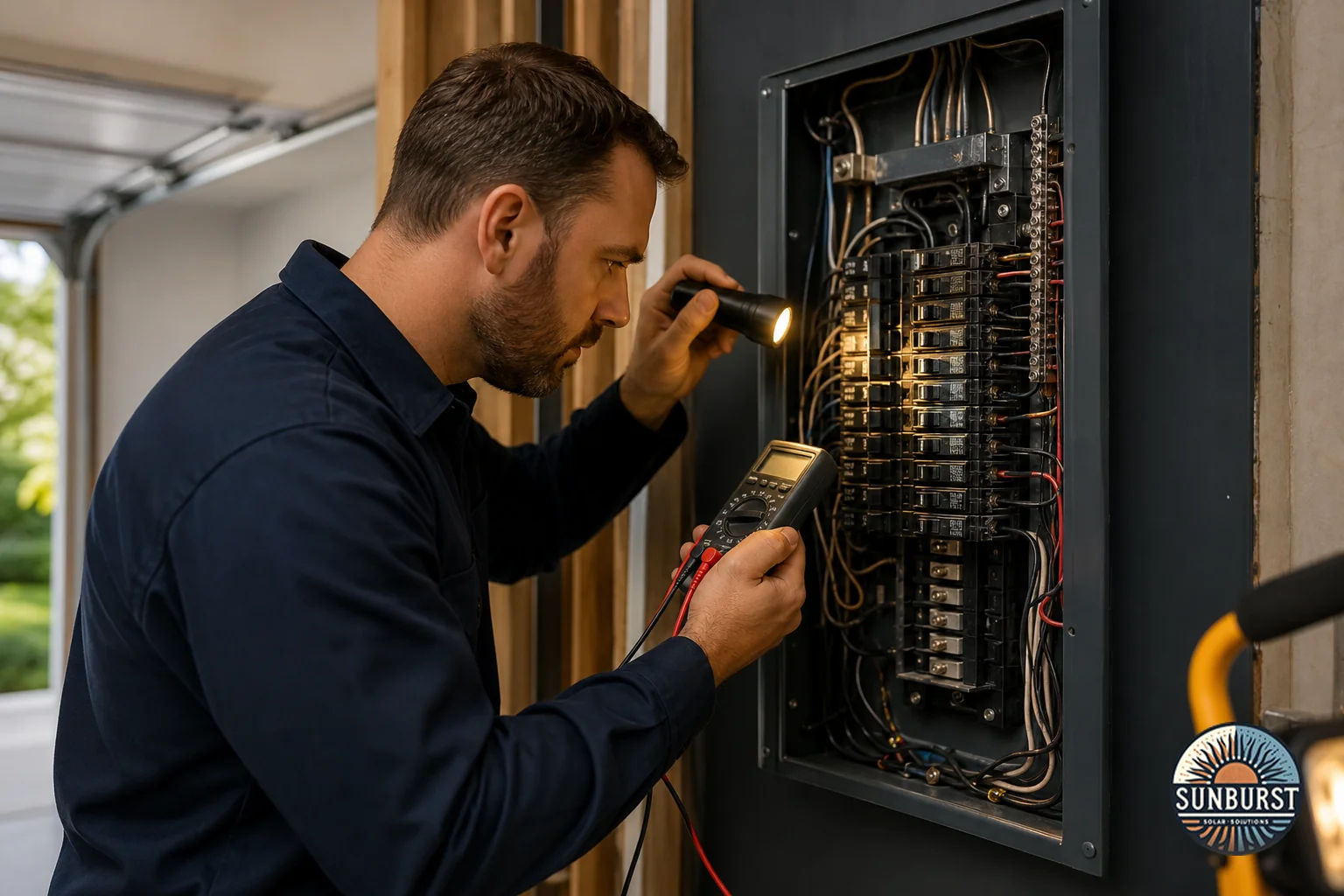 Licensed electrician inspecting a home electrical panel to assess capacity for an EV charger. Photorealistic photo of a licensed electrician in a dark uniform examining an open residential electrical panel in a garage, using a multimeter