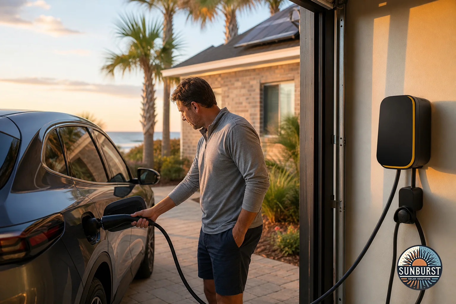 Homeowner plugging a Level 2 EV charger into an electric vehicle in a coastal South Carolina garage driveway. Photorealistic photo of a modern home garage in a coastal South Carolina neighborhood at golden hour, a homeowner in casual