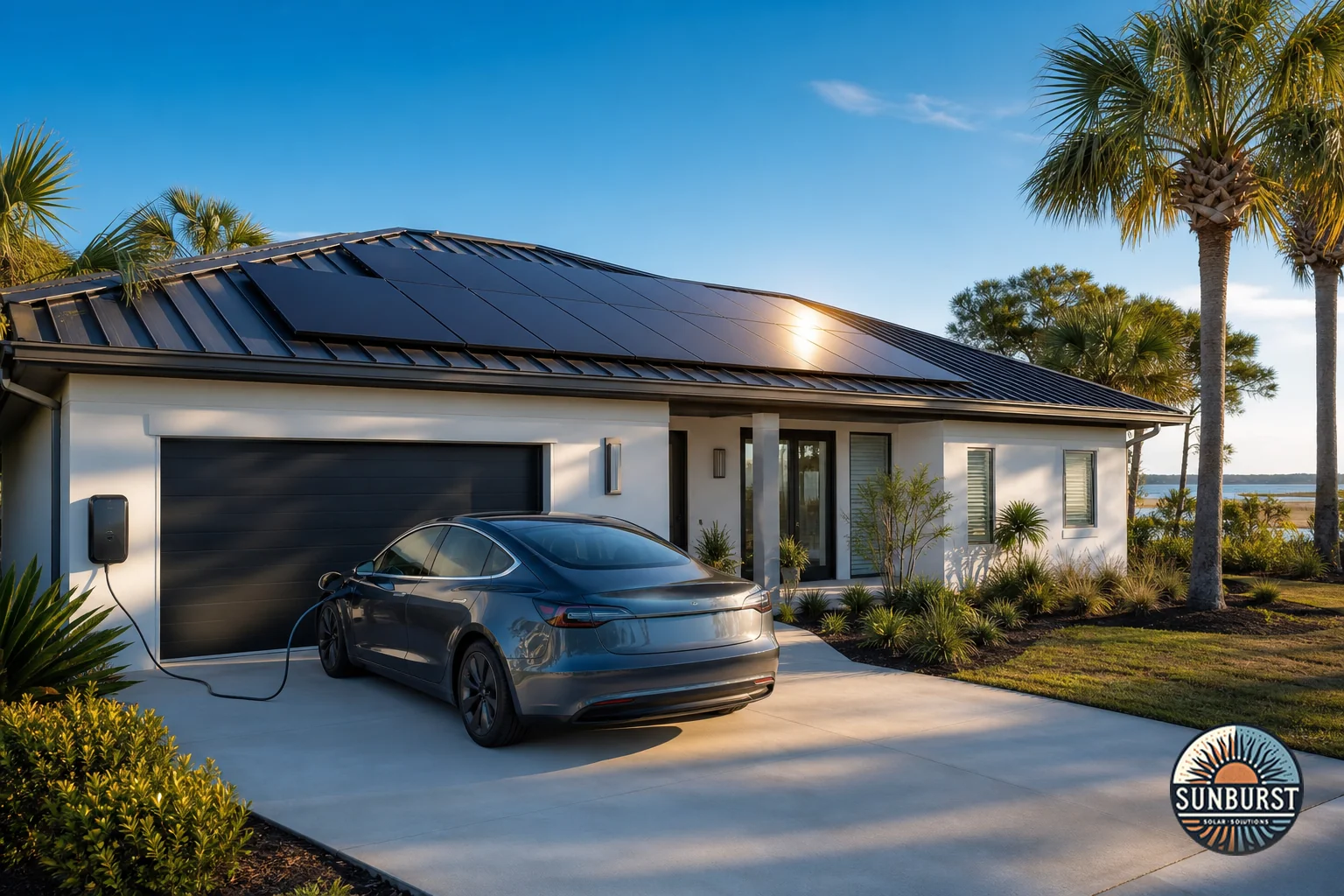 Rooftop solar panels on a Myrtle Beach home with an EV charging in the driveway below, showing solar-to-EV energy connection. Photorealistic photo of a single-story South Carolina home with sleek black-on-black solar panels installed on the