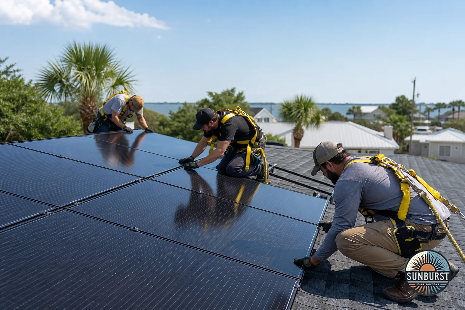 Local solar installation crew working on a residential rooftop in coastal South Carolina. Photorealistic photo of a small crew of solar installers in safety gear mounting black-on-black solar panels on a residential rooftop in a coastal