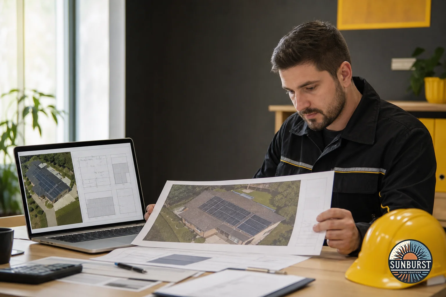 Close-up of a solar technician submitting or reviewing permit documents alongside a laptop showing system design plans. Photorealistic photo of a solar technician at a desk reviewing a printed solar system design plan next to an open laptop