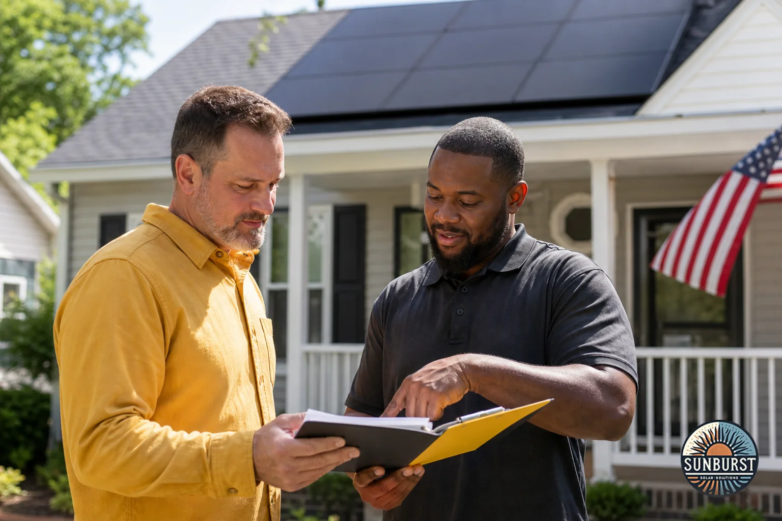 South Carolina homeowner reviewing solar permit paperwork with an installer on a porch, rooftop solar panels visible in background. Photorealistic photo of a South Carolina homeowner and a solar installation professional reviewing permit