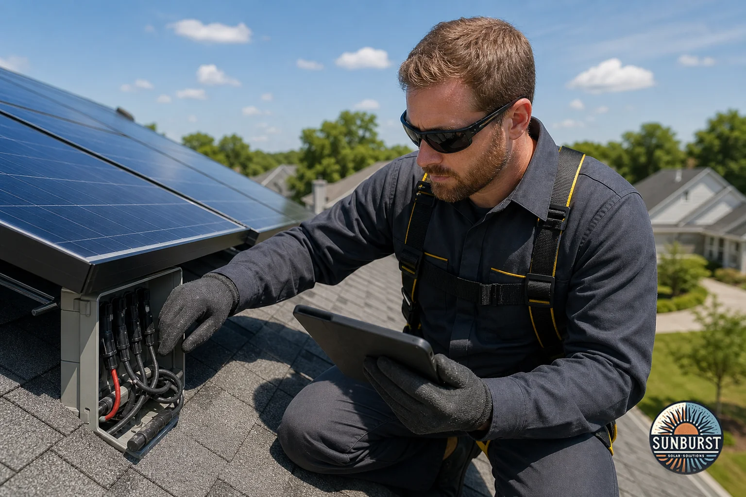 Installer technician in branded uniform inspecting solar equipment, conveying stability and accountability. Photorealistic photo of a certified solar technician in dark charcoal (#2E2E2E) work uniform with subtle yellow (#FDB813) trim