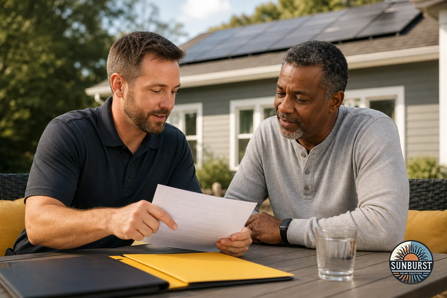 Homeowner and installer reviewing warranty paperwork together on a porch. Photorealistic photo of a homeowner and a solar installer sitting at an outdoor patio table reviewing a paper warranty document together, South Carolina style home
