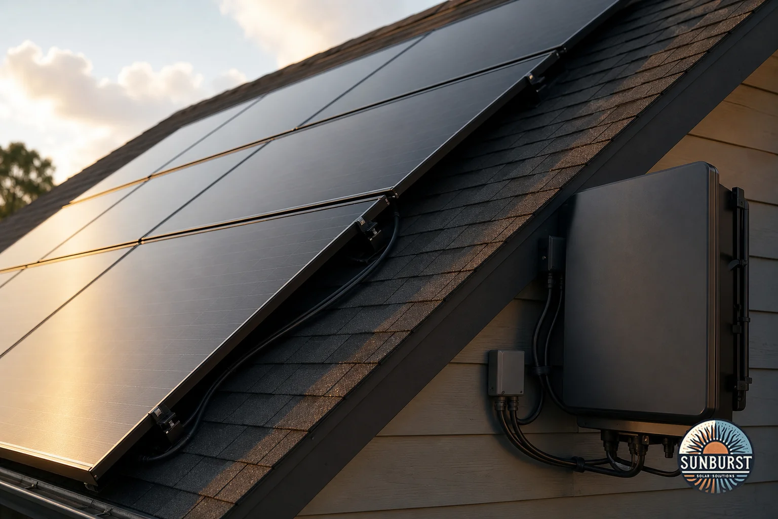 Close-up of solar panels on a residential roof with inverter visible. Photorealistic photo of black-on-black solar panels mounted on a residential asphalt shingle roof with a wall-mounted inverter visible nearby, close-up composition