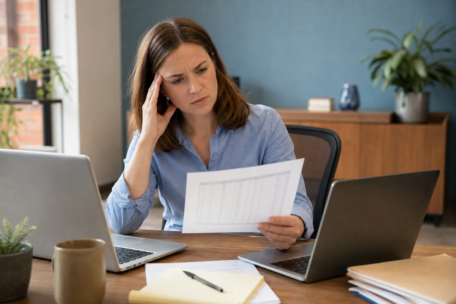 Nonprofit staff member frustrated comparing donor data across multiple screens. photorealistic photo of a nonprofit development staff member sitting at a desk in a modern office, looking at two laptop screens and a printed spreadsheet