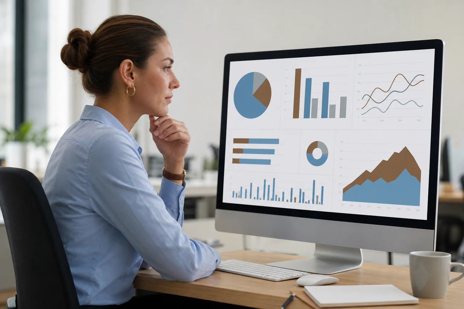 Person reviewing an analytics dashboard showing unified donor data on a large monitor. photorealistic photo of a nonprofit operations manager reviewing a data dashboard with charts and graphs on a large desktop monitor, seated in a bright