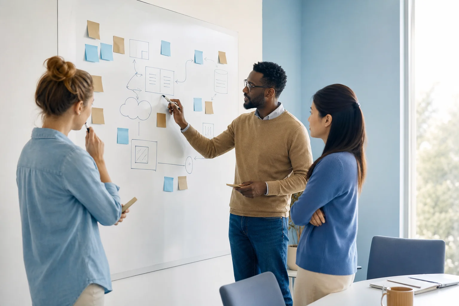 Team mapping out software tools and data flow on a whiteboard. photorealistic photo of a small nonprofit team of three people standing around a whiteboard covered with sticky notes and simple diagrams representing software tools and arrows