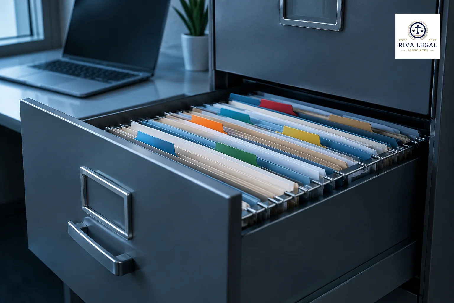 Filing cabinet drawer of patent files with coloured tabs used for reviewing an existing patent portfolio