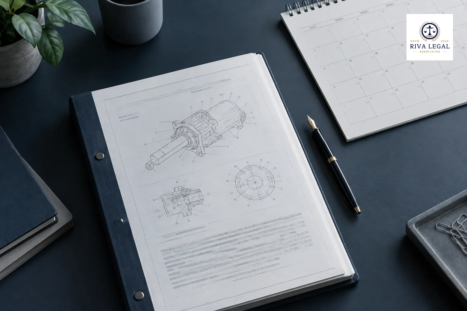 Printed patent specification and annual renewal calendar laid on a desk in a quiet Jaipur chambers