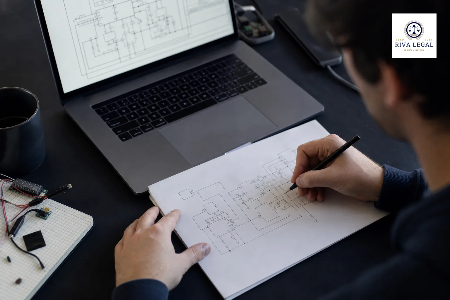 Engineer sketching a technical diagram of an invention for disclosure. photorealistic photo of a startup engineer sketching a technical schematic diagram on paper next to a laptop displaying circuit or software architecture diagrams