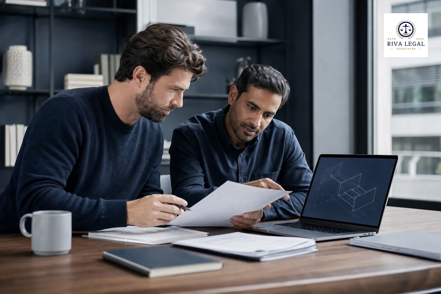 Founders reviewing documents at a desk before a legal consultation. photorealistic photo of two tech startup founders reviewing printed documents and a laptop screen showing technical diagrams at a wooden desk in a modern office, muted navy