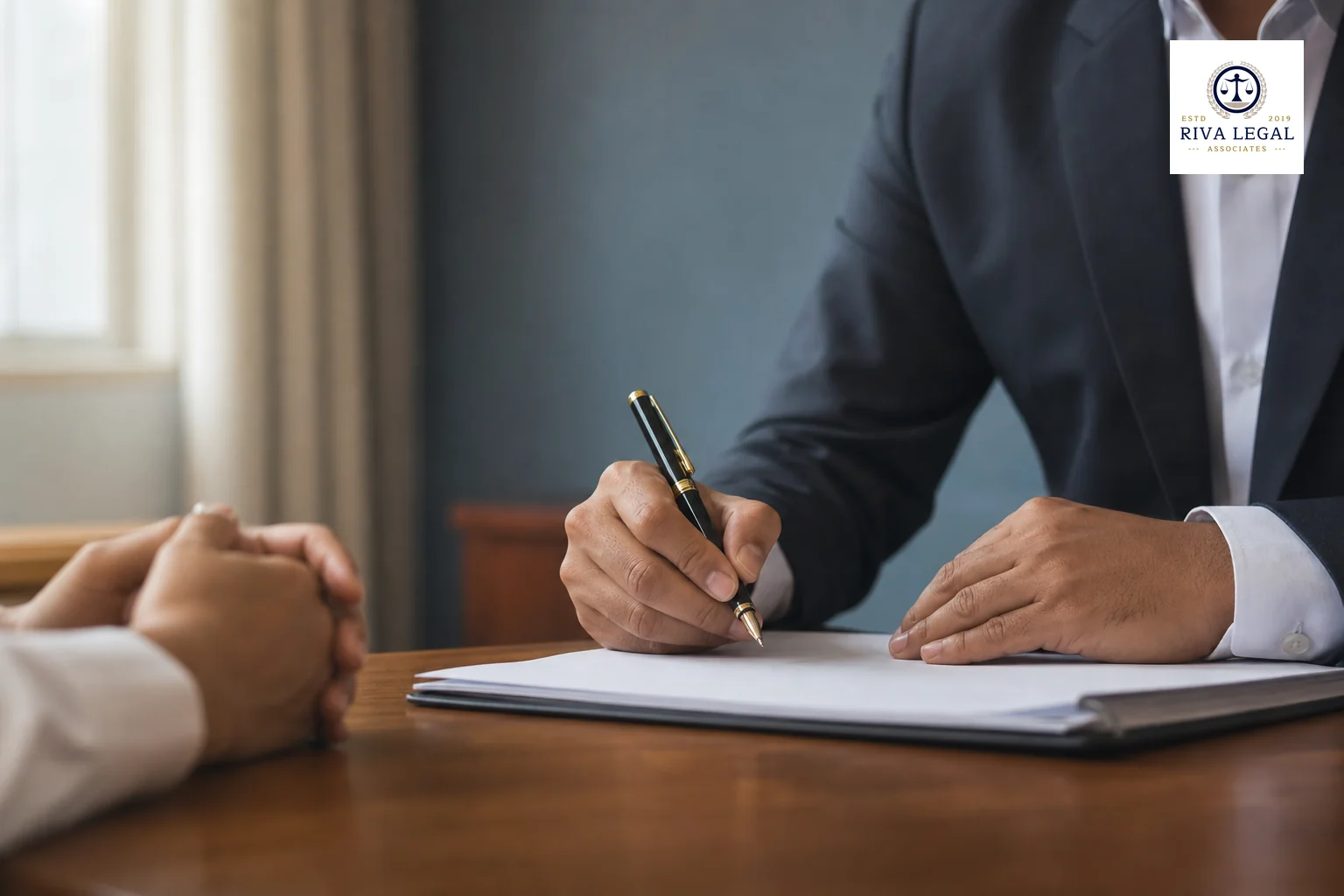 Close-up of hands signing a confidentiality agreement document at a desk in an office setting. photorealistic photo of a close-up shot of hands signing a legal document on a wooden desk in a professional Indian office, pen in hand, blurred