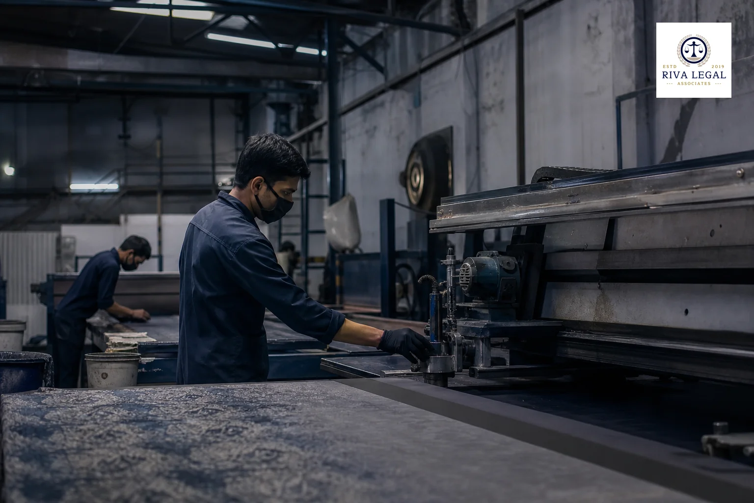 A manufacturing floor in Jaipur with workers and machinery, conveying process confidentiality. photorealistic photo of an industrial manufacturing workshop floor in Jaipur, India, with metal fabrication or textile printing machinery