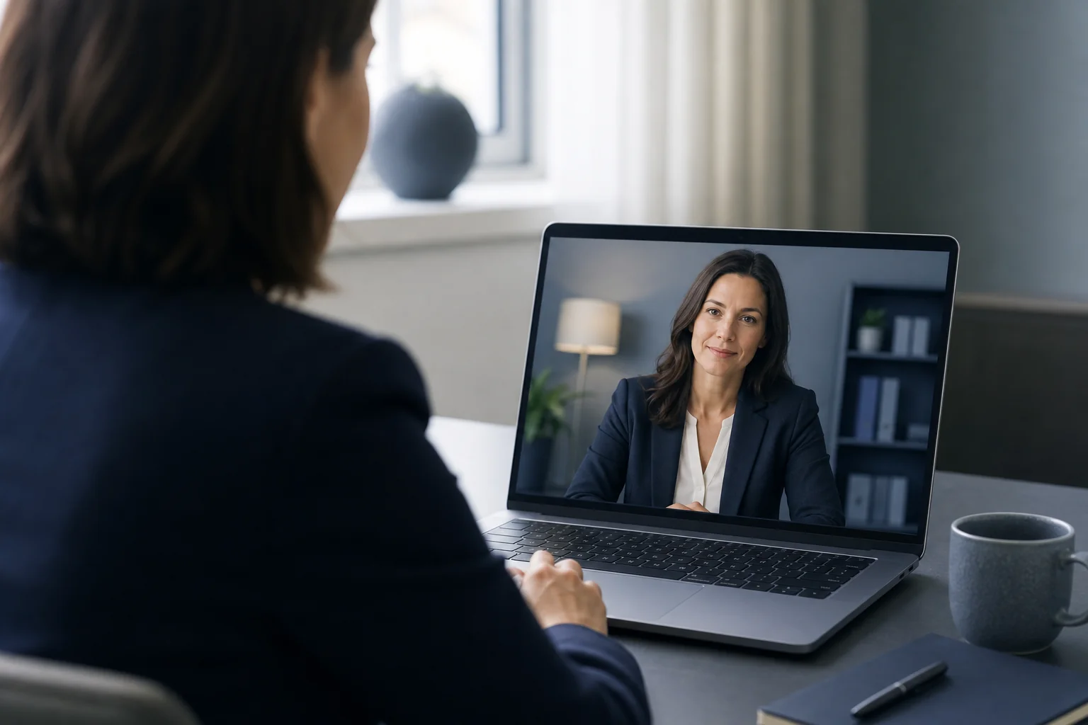 photorealistic, over-the-shoulder shot of a person on a video call with a professional advocate visible on a laptop screen, both dressed in business attire, soft daylight through a window, cool blue-grey tones matching brand palette
