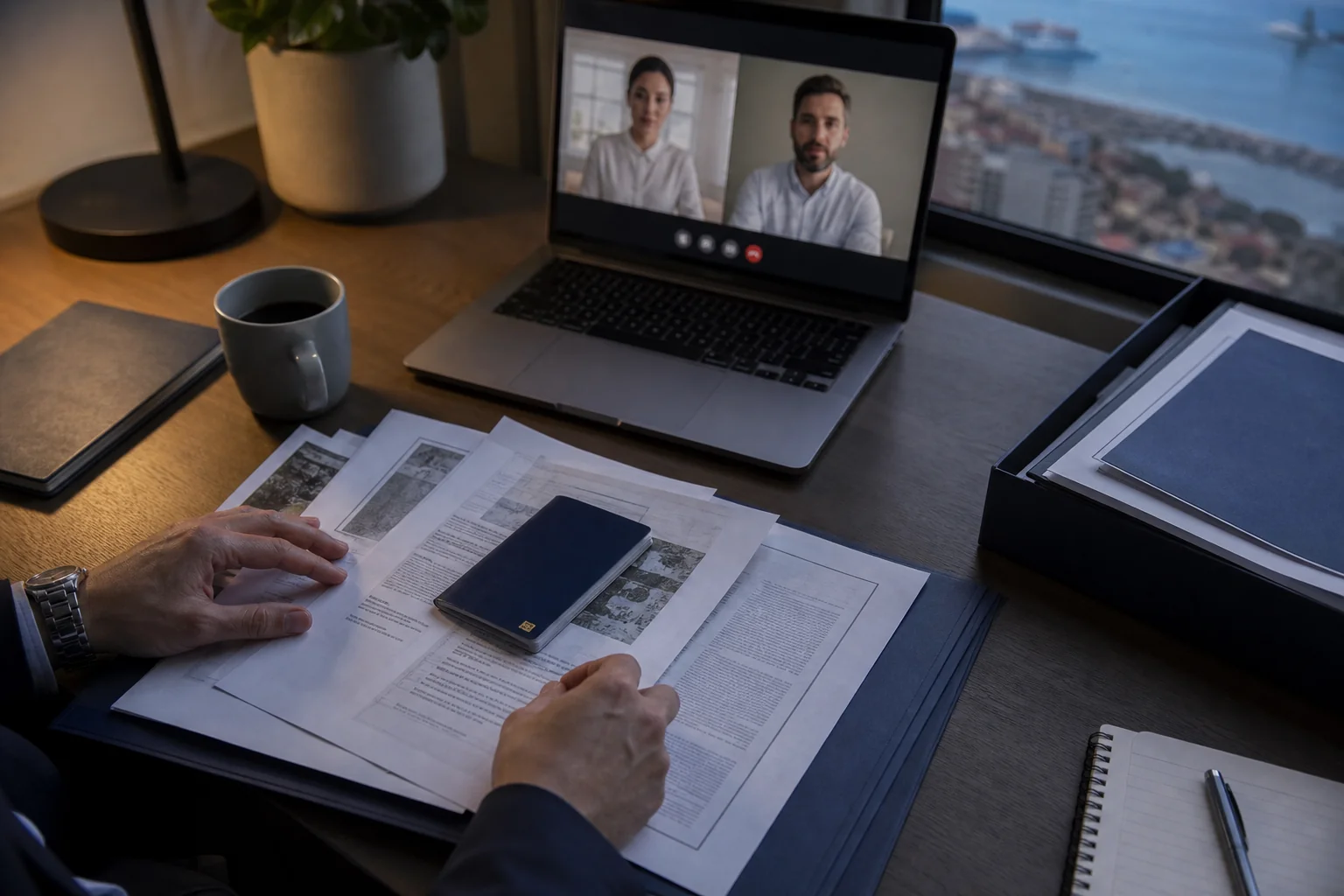 An NRI professional preparing scanned documents on a laptop for a virtual legal consultation with India. photorealistic, overhead desk shot of a professional's hands organizing scanned legal documents, a passport, and a laptop displaying a