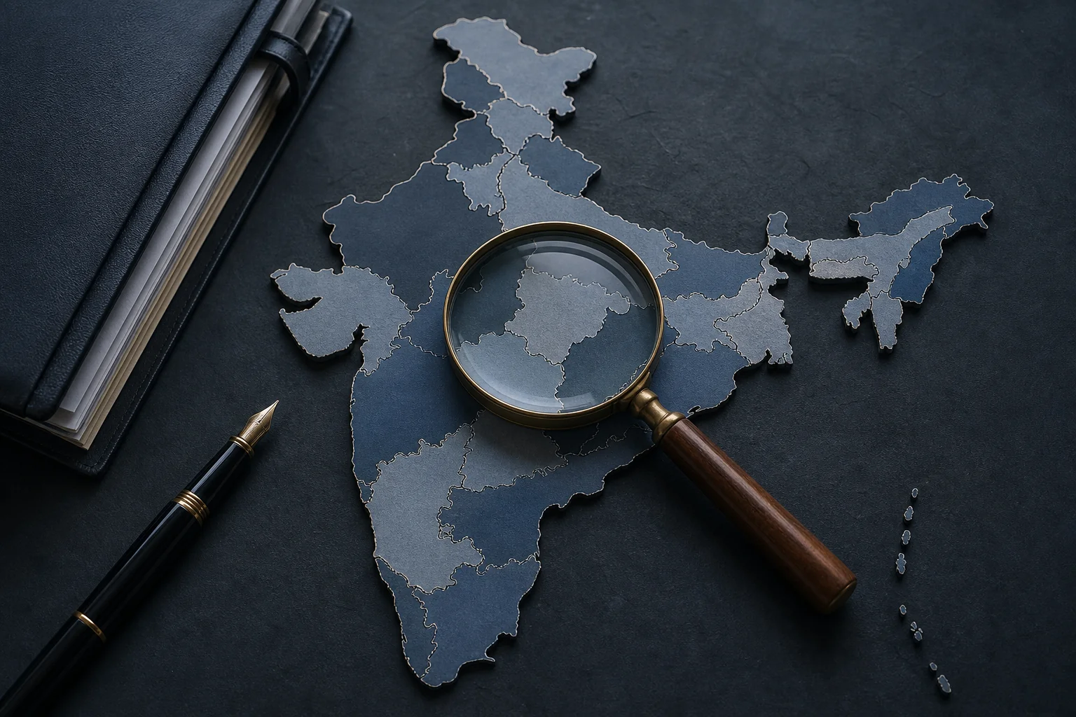 A visual representing multi-jurisdictional legal coordination across Indian states for an NRI client. photorealistic, top-down view of a map of India rendered in subtle dark blue and grey tones (#131e34, #48516d, #8494a6) with a magnifying
