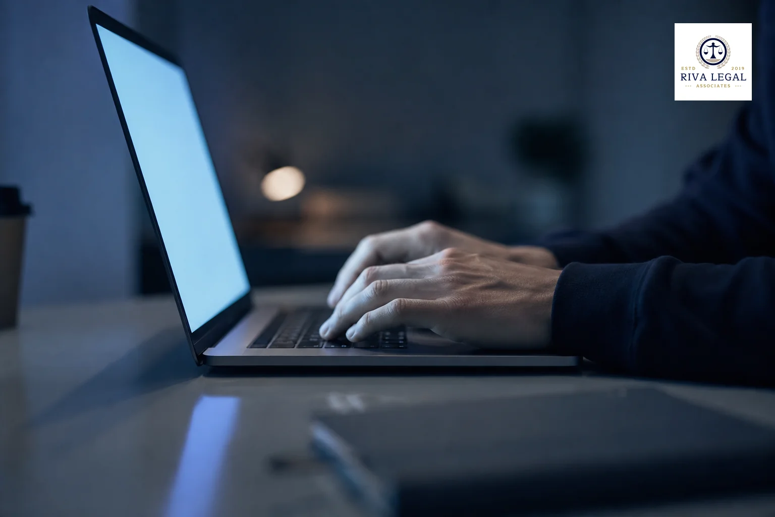 Close-up of hands typing on a laptop keyboard with a search interface style screen glow, representing the act of running an online search. photorealistic close-up photo of hands typing on a laptop keyboard, soft blue-toned screen glow