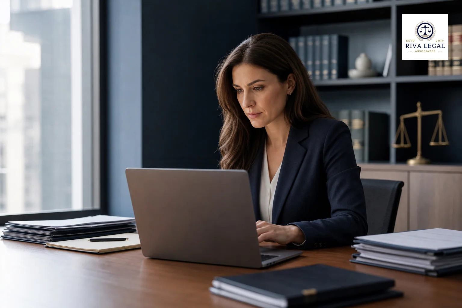 A professional working at a laptop reviewing a trademark database search, conveying diligence before filing. photorealistic photo of a focused professional woman in business attire sitting at a wooden desk in a modern law office, reviewing