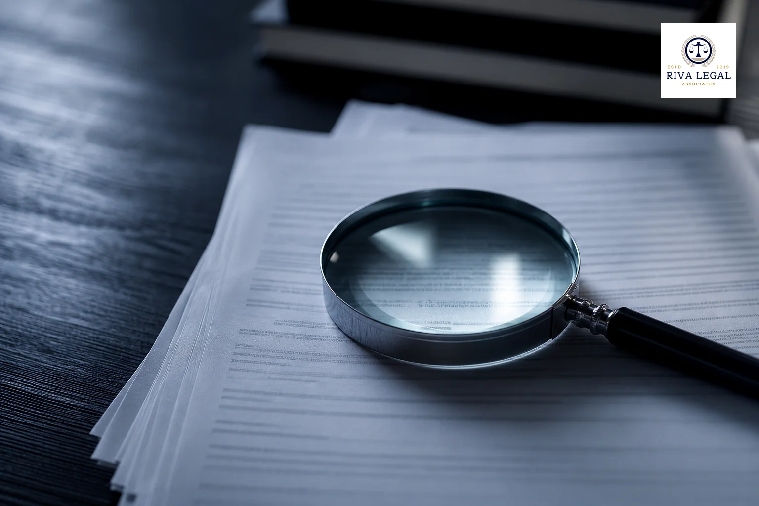 A magnifying glass over printed documents symbolizing careful review and catching missed details. photorealistic photo of a magnifying glass resting on a stack of printed legal documents on a dark wooden desk, dramatic soft side lighting