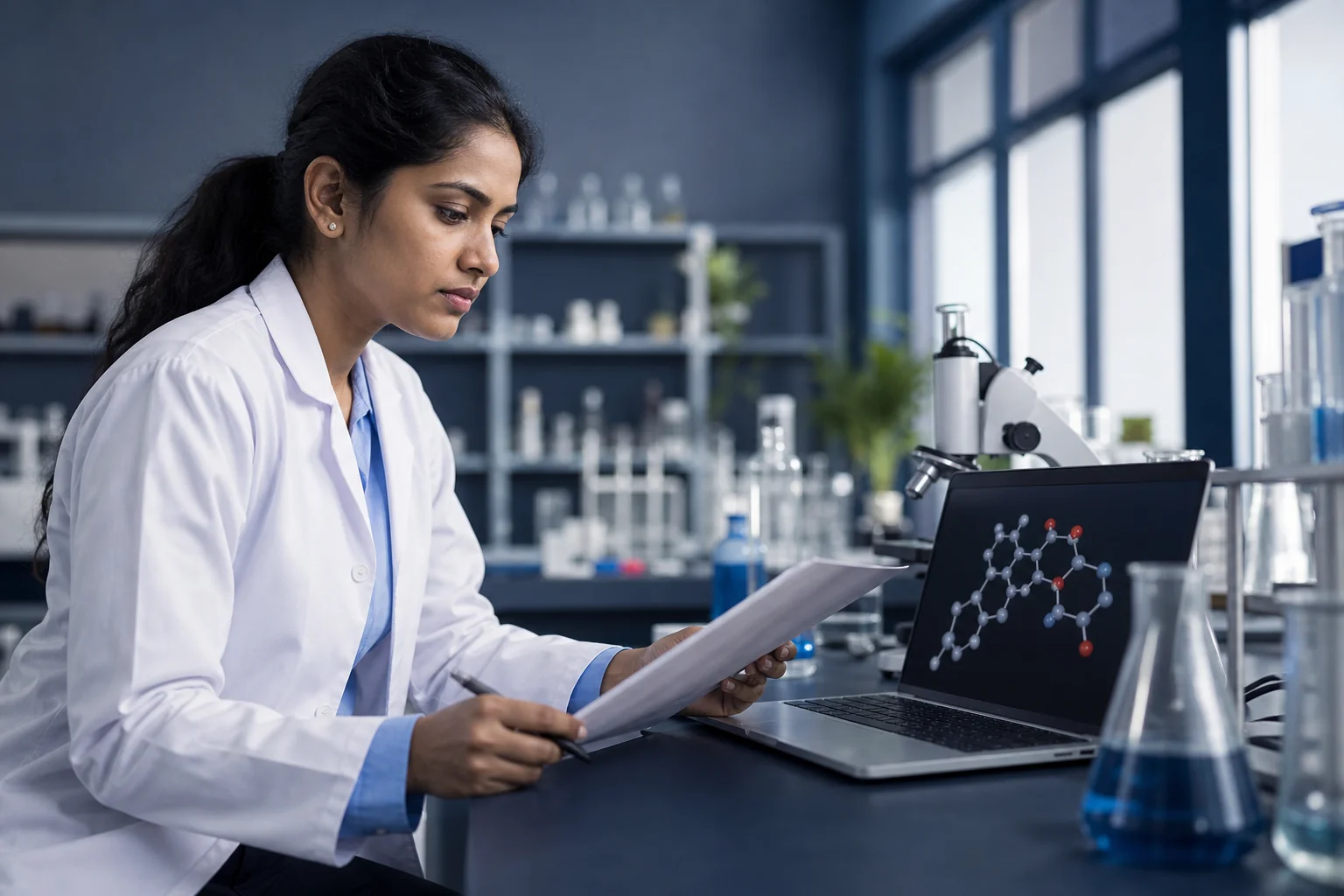 Pharmaceutical researcher in an Indian lab reviewing patent documentation before filing