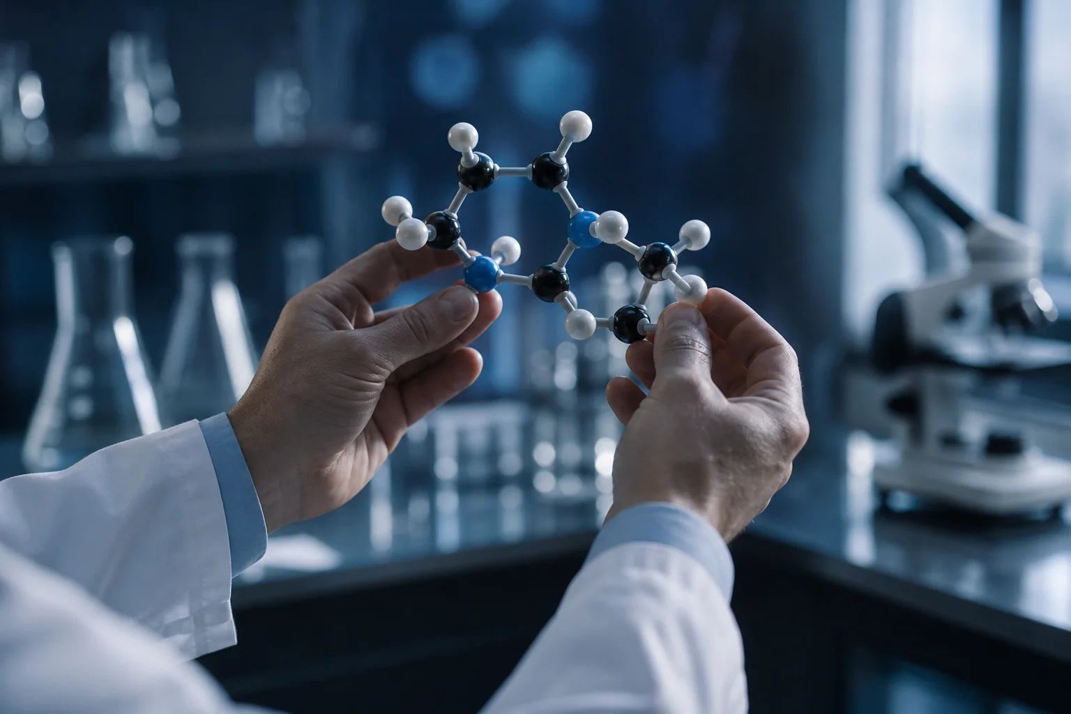 Scientist examining a molecular model representing pharmaceutical patent claim analysis under Section 3(d)
