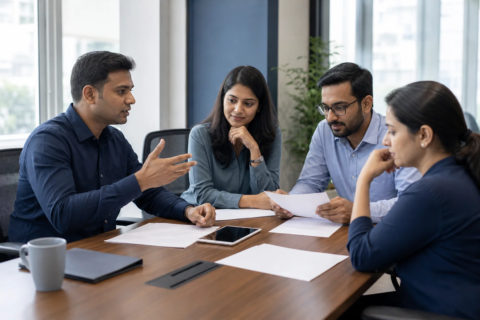 Startup founders and legal advisor reviewing patent portfolio documents ahead of a funding round