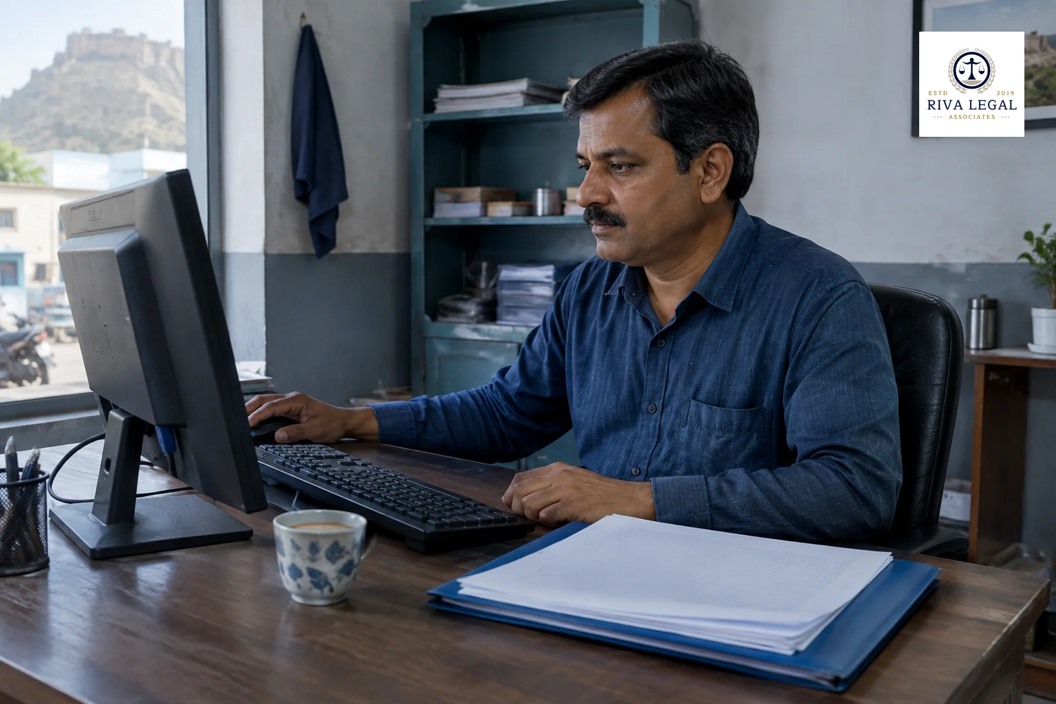 Business owner completing an online trademark application form on a desktop monitor with document folder nearby