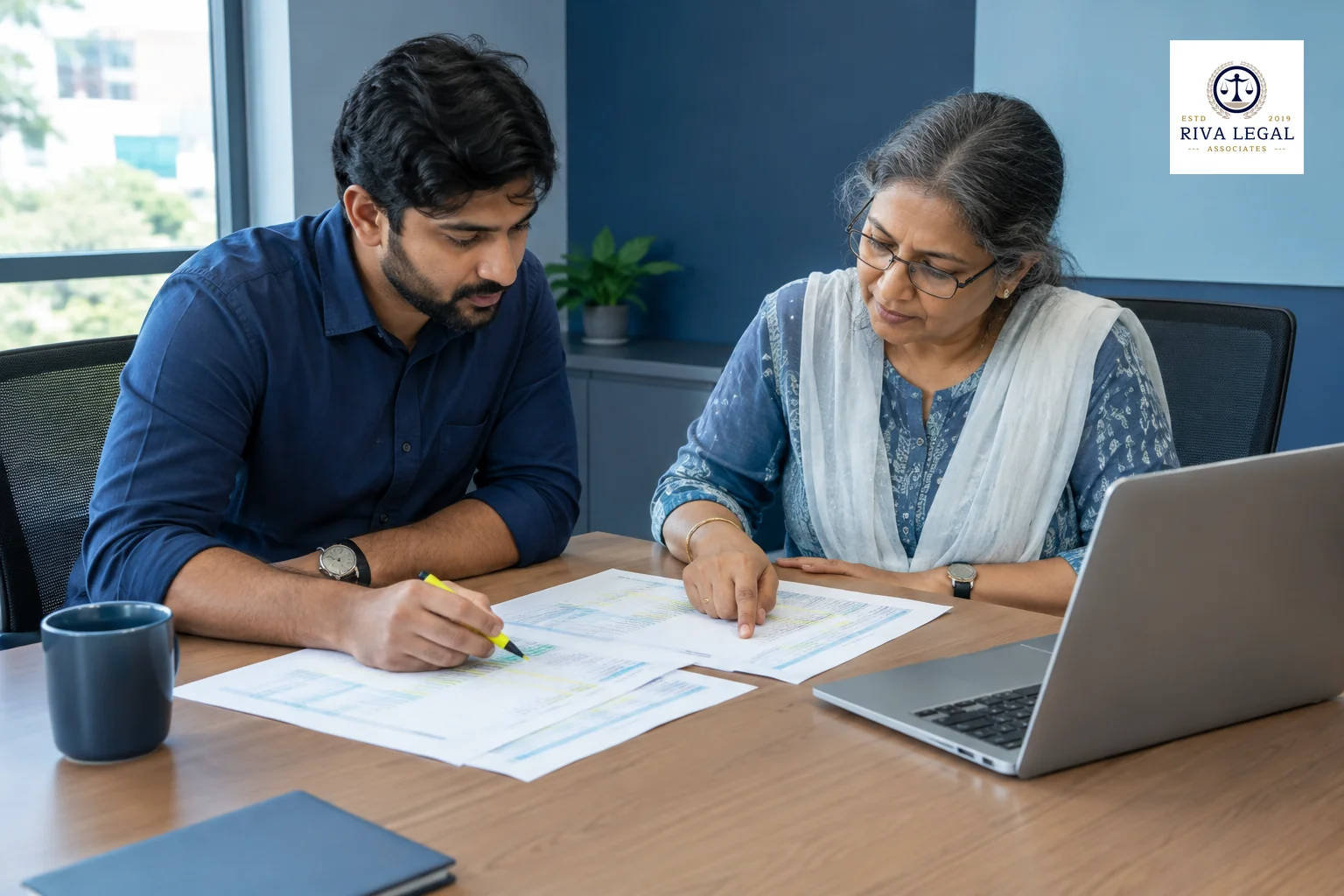 Two colleagues comparing printed search results of similar brand names with a laptop on a meeting table