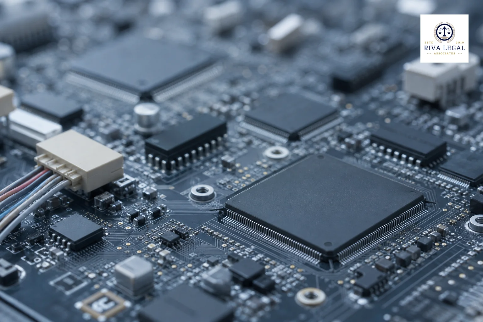 Close-up of hardware and circuit boards representing computer-related inventions with technical effect. photorealistic close-up photo of an embedded systems circuit board with visible microchips and wiring, cool blue-grey lighting palette