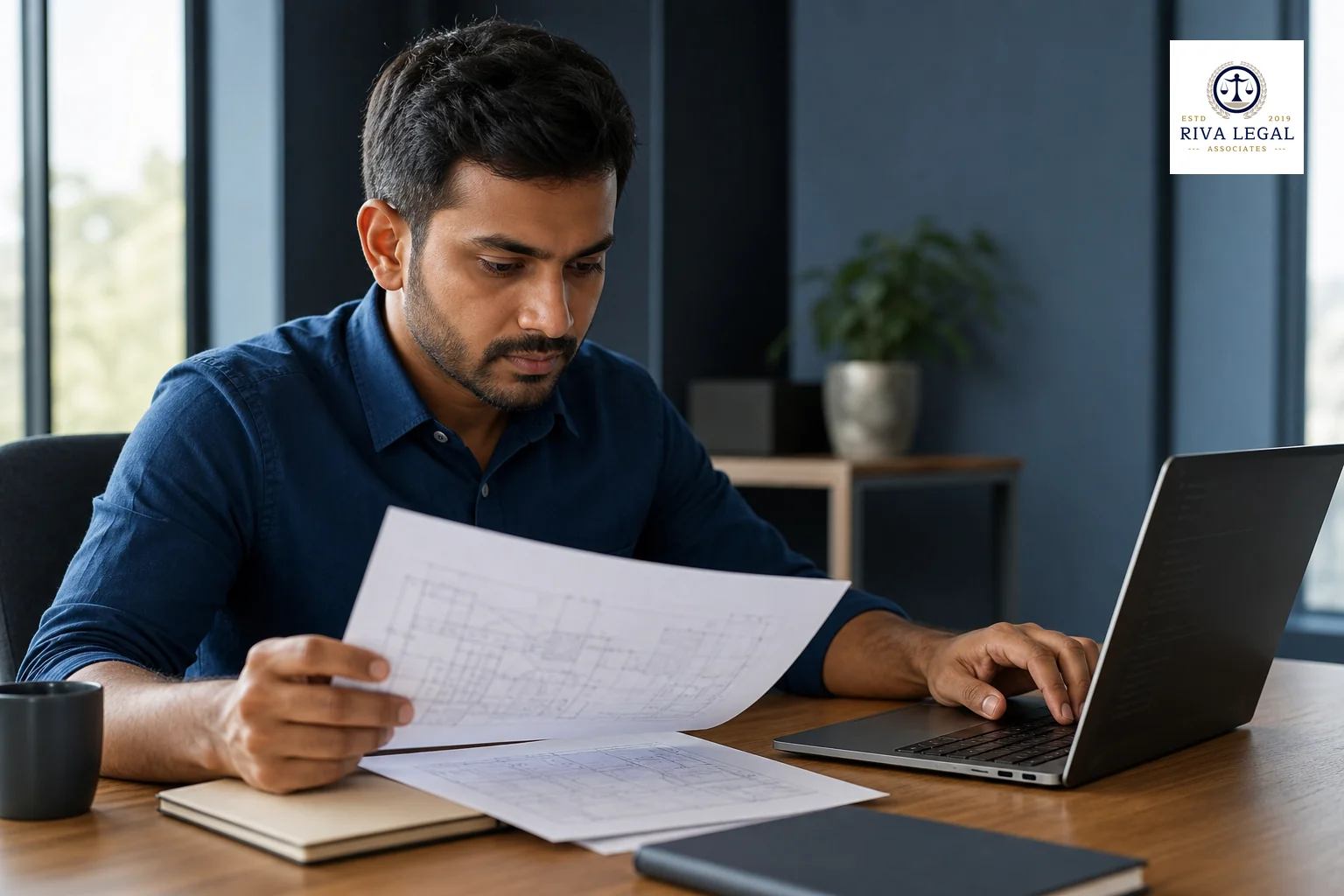 A software startup founder reviewing technical documents in a modern Jaipur office setting. photorealistic photo of a focused Indian professional in business casual attire reviewing printed technical diagrams and a laptop screen showing