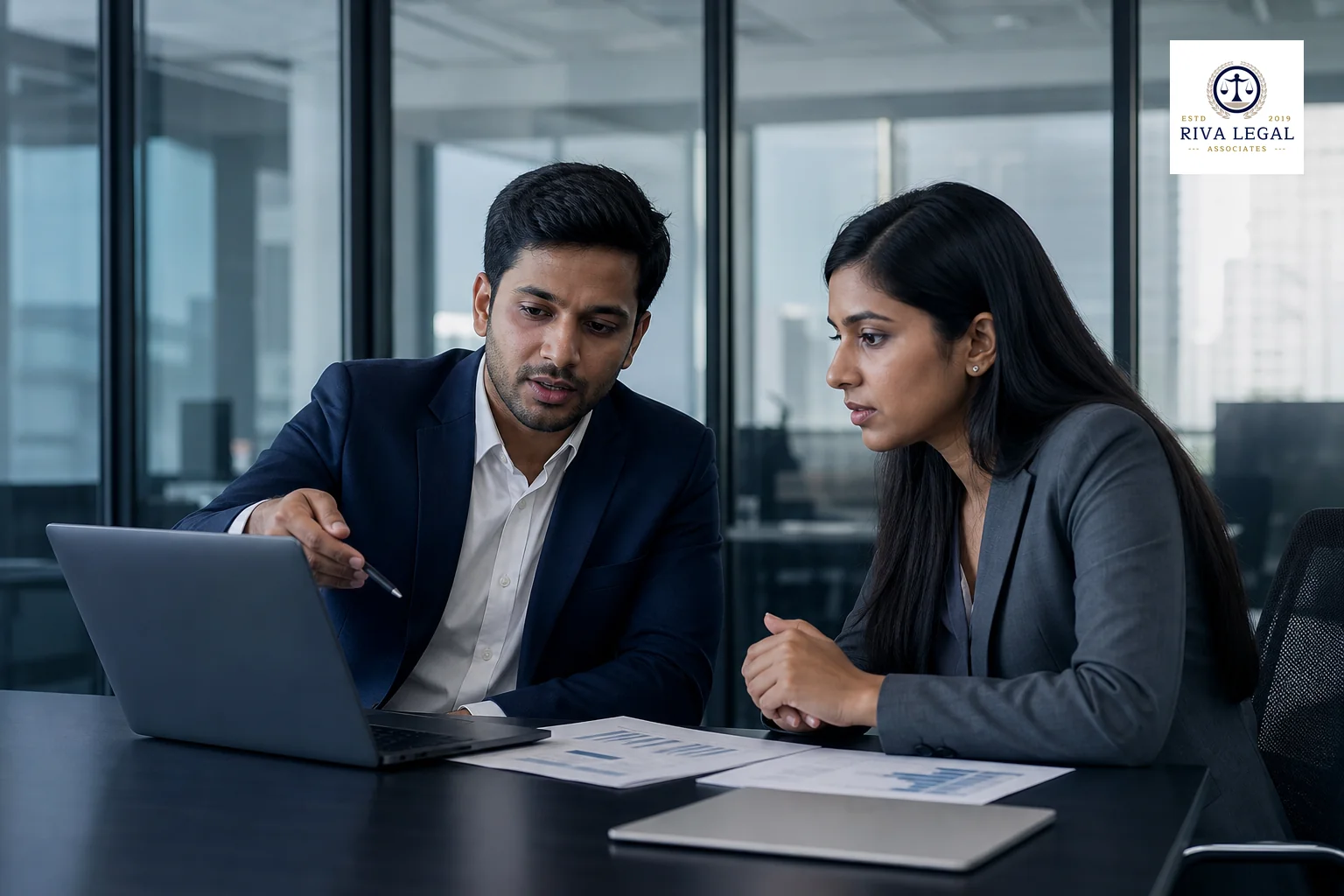 photorealistic photo of two Indian professionals, one gesturing toward a laptop screen and printed documents on a conference table, dark navy blue (#131e34) and slate (#48516d) color grading, office with glass partition in background