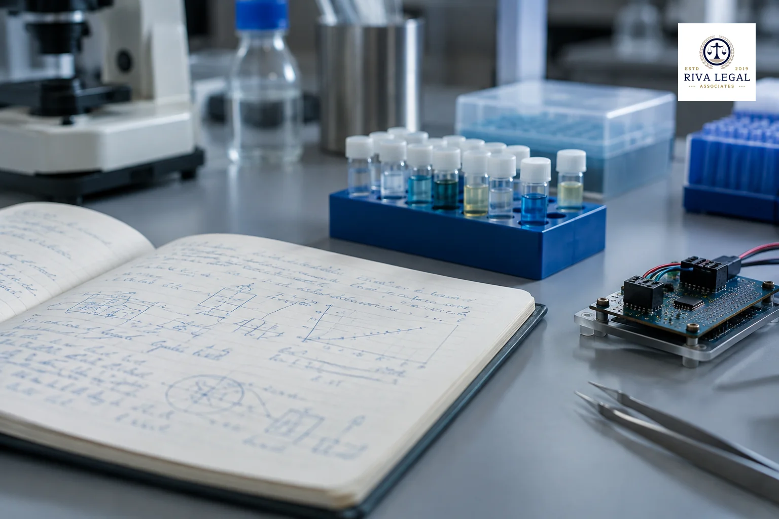 Laboratory bench notebook, sample vials and a prototype board documenting an invention before early filing