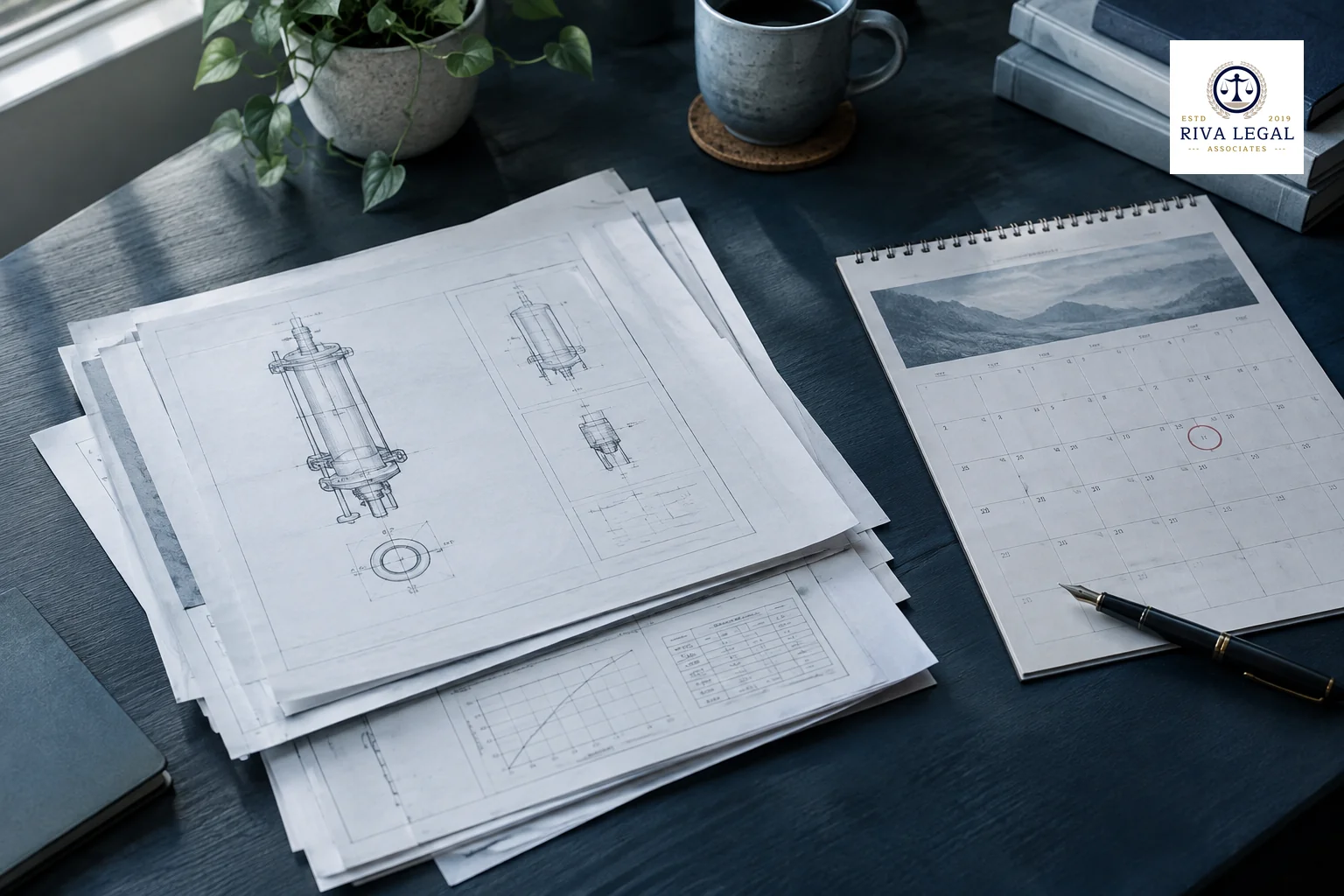 Printed provisional specification pages and a dated calendar page on a desk in a Jaipur chambers